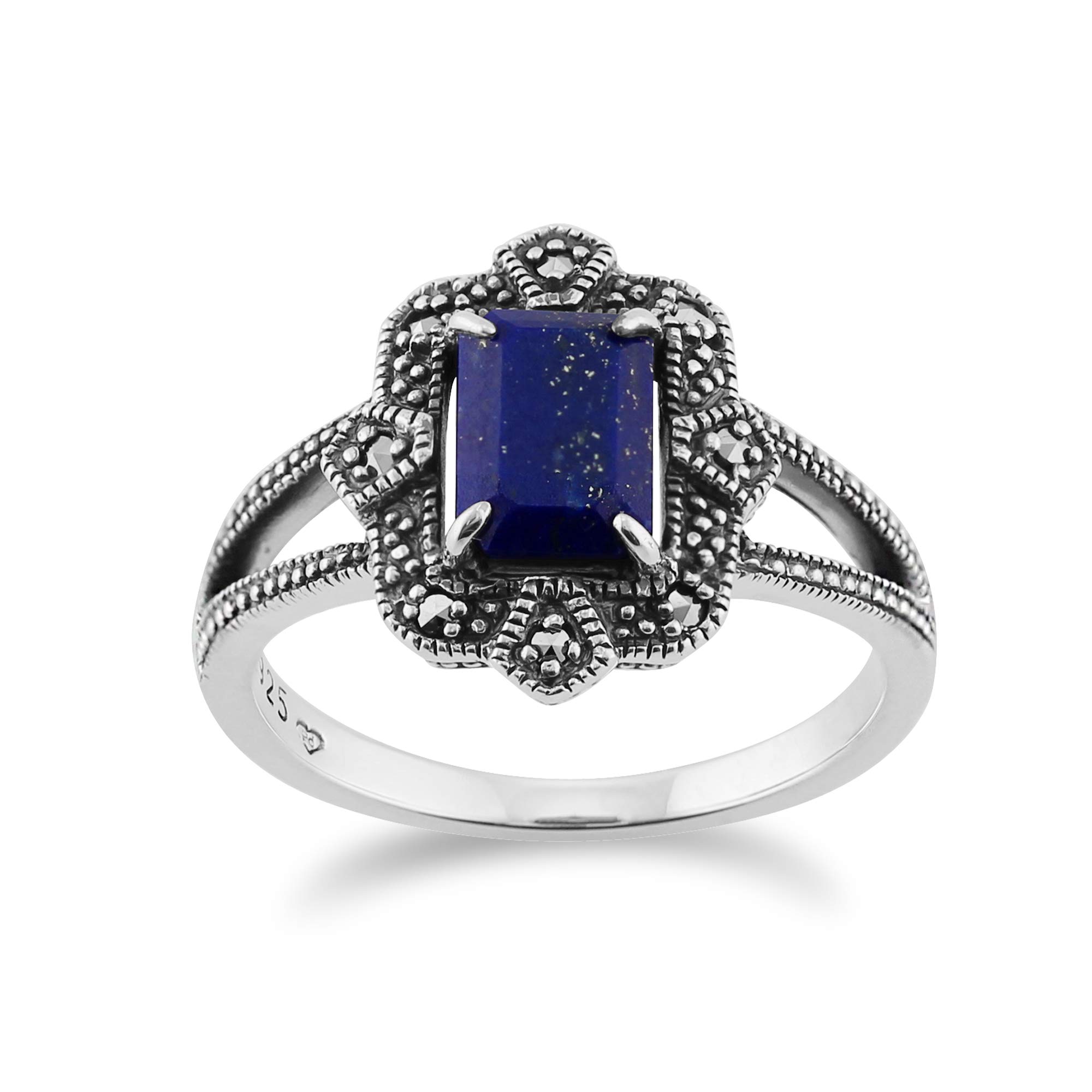 Gemondo 925 Sterling Silver Art Deco Lapiz Lazuli & Marcasite Ring