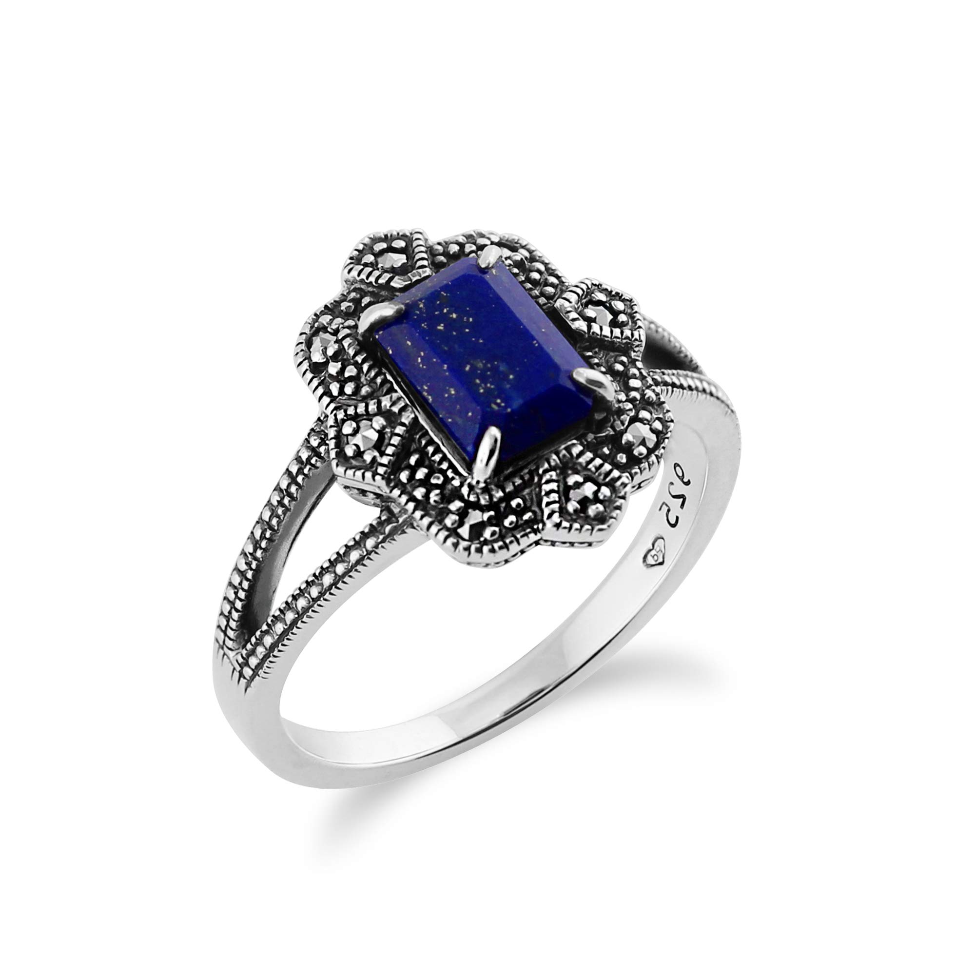 Gemondo 925 Sterling Silver Art Deco Lapiz Lazuli & Marcasite Ring