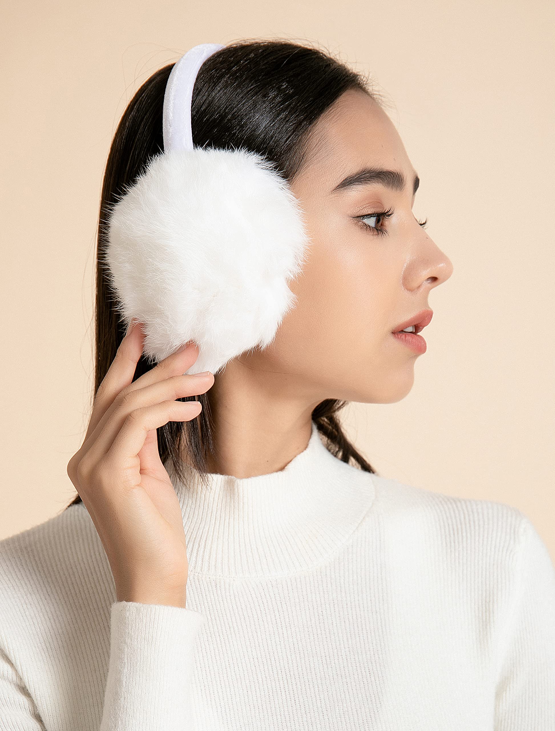 ZLYC Womens Girls Genuine Rabbit Fur EarMuffs Adjustable Ear Warmers, White