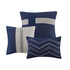 Madison Park Palisades Comforter Set Modern Faux Suede Pieced Stripe Design, All Season Down Alternative Cozy Bedding with Matching Shams, Decorative Pillows, Cal King(104"x92"), Blue 7 Piece