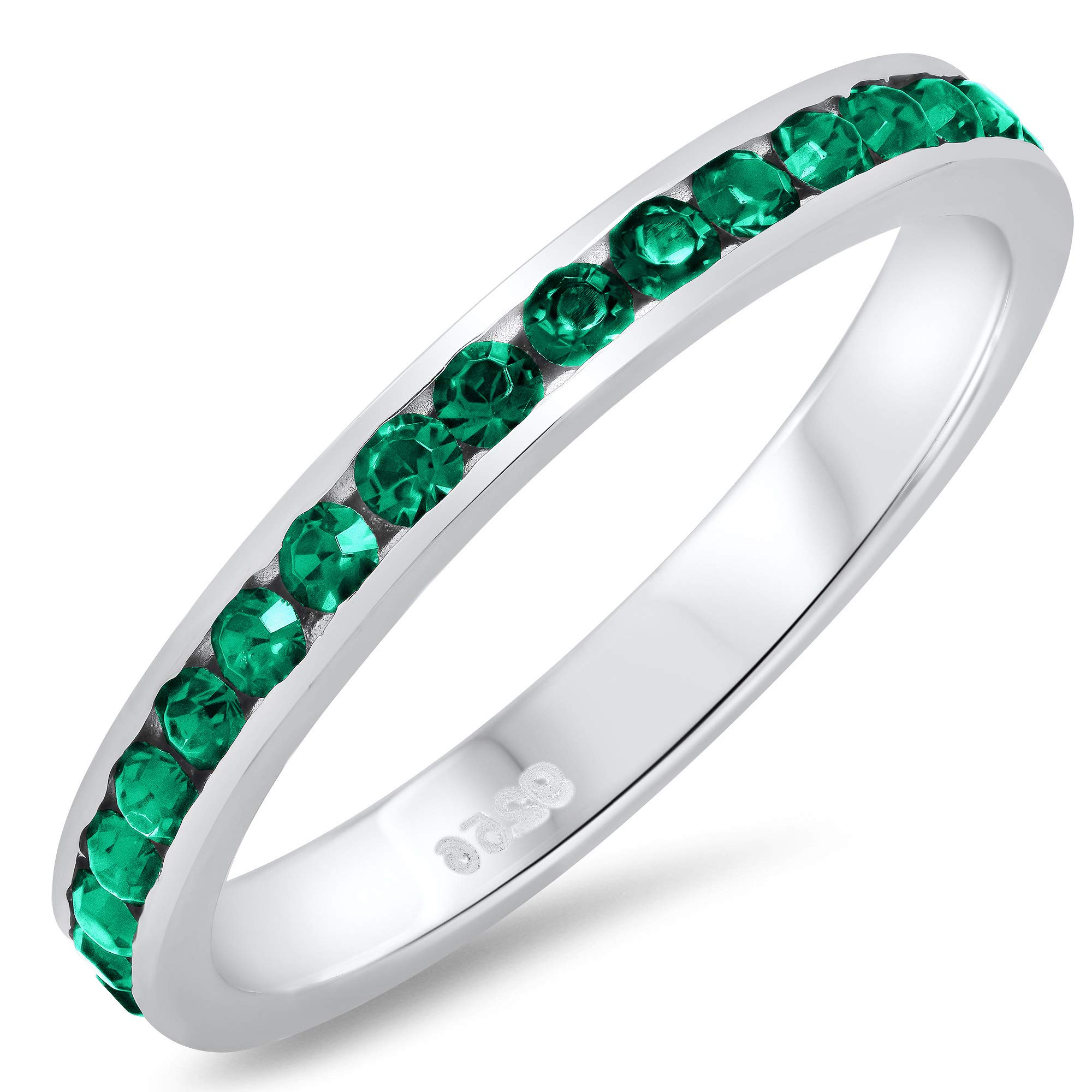 Sterling Silver Italian Crafted 3mm Simulated Emerald Green CZ Eternity Band, Size 9.5 + Cleaning Cloth