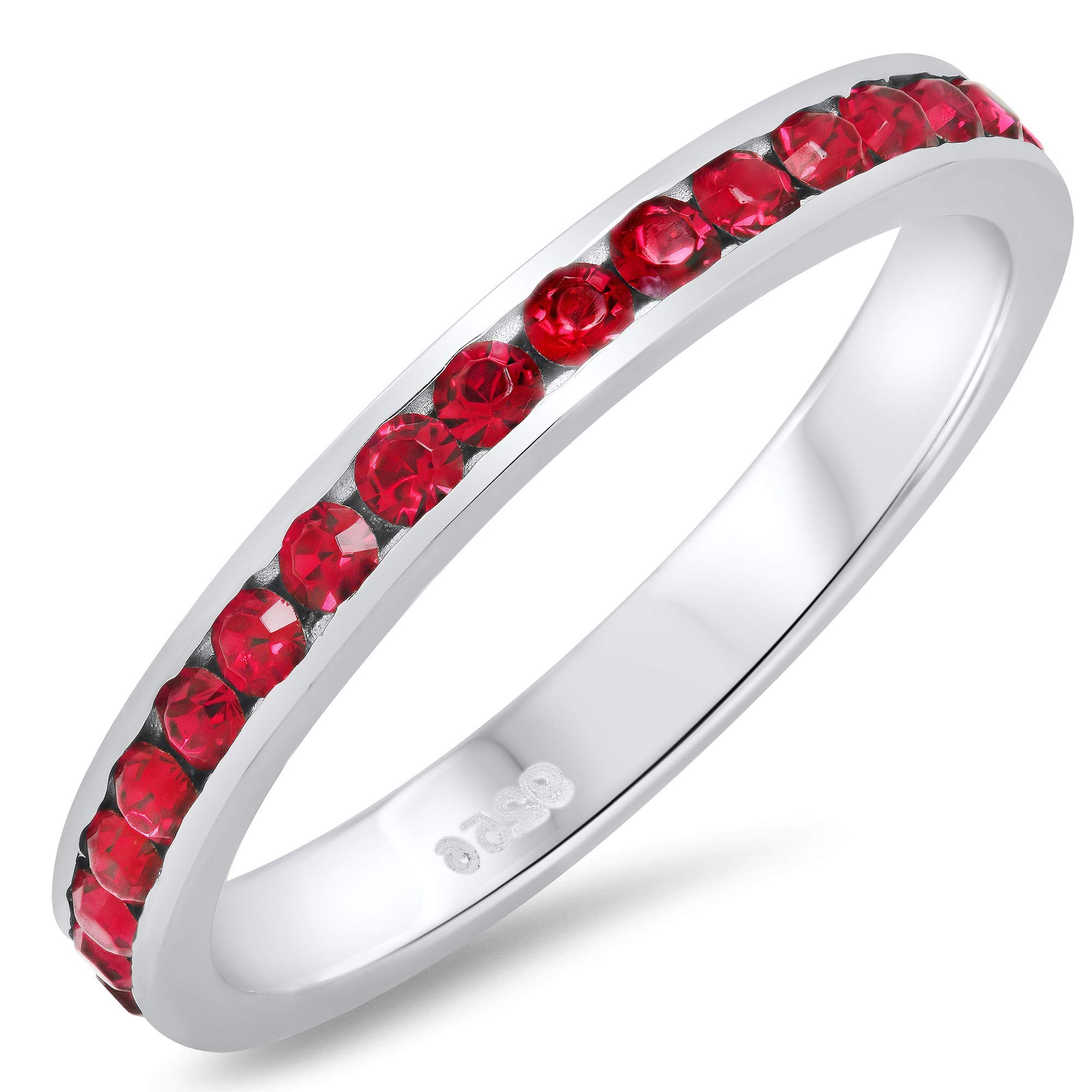 .925 Sterling Silver Simulated Ruby Red Stackable CZ Eternity Band, Size 7 + Cleaning Cloth