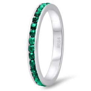 Sterling Silver Italian Crafted 3mm Simulated Emerald Green CZ Eternity Band, Size 9.5 + Cleaning Cloth