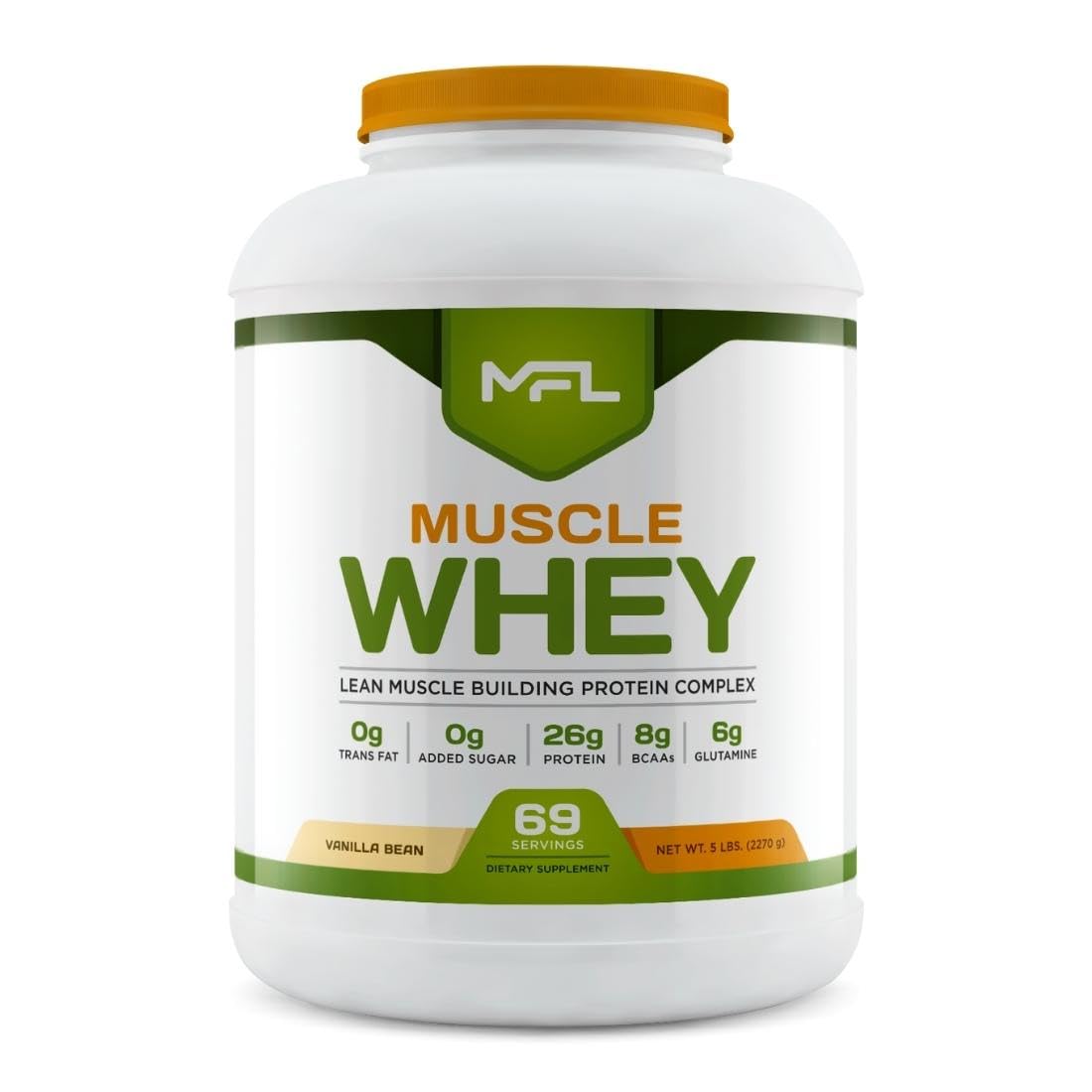 MFL Muscle Whey Protein l 28g of Protein l 8g BCAAs l Keto Friendly l Low Carbs l 5 lbs. (Vanilla Bean)