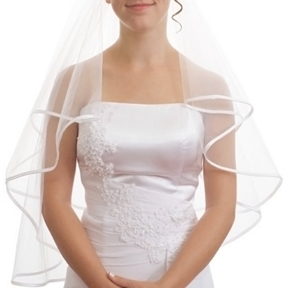 KLOUD City White Double Ribbon Edge Center Cascade Bridal Wedding Veil with Comb