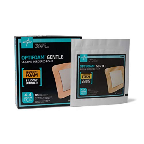 Medline Optifoam Gentle Foam Wound Dressing with Silicone Adhesive Border, 4" x 4", Educational Packaging, Pack of 10