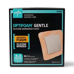 Medline Optifoam Gentle Foam Wound Dressing with Silicone Adhesive Border, 4" x 4", Educational Packaging, Pack of 10