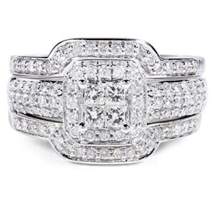 Kobelli Princess Diamond Wedding Set 3/4 carat (ctw) in 14k White Gold - 3 Piece Set, Size 7, White Gold