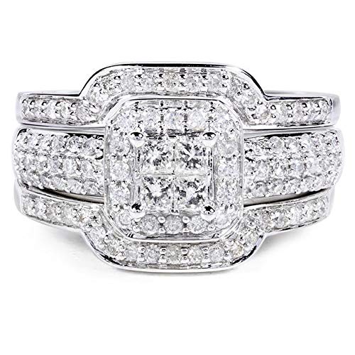 Kobelli Princess Diamond Wedding Set 3/4 carat (ctw) in 14k White Gold - 3 Piece Set, Size 7, White Gold