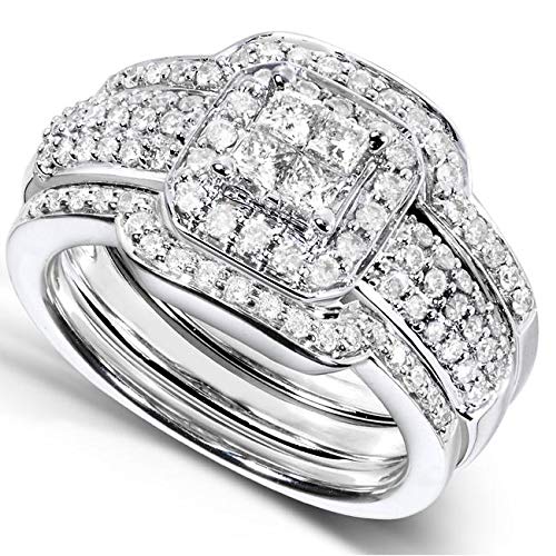 Kobelli Princess Diamond Wedding Set 3/4 carat (ctw) in 14k White Gold - 3 Piece Set, Size 7, White Gold