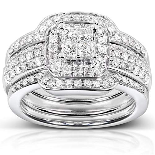 Kobelli Princess Diamond Wedding Set 3/4 carat (ctw) in 14k White Gold - 3 Piece Set, Size 7, White Gold