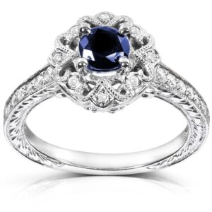 kobelli antique style round-cut sapphire and diamond engagement ring 3/4 carat (ctw) in 14k white gold, size 10