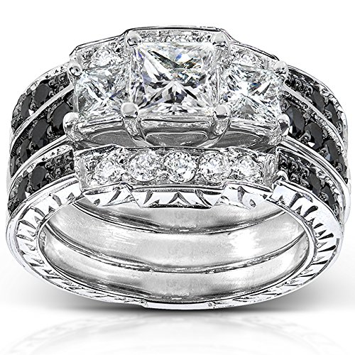 Kobelli Princess Black and White Diamond Bridal Set 1 7/8 Carat (ctw) in 14k White Gold (3-Piece Set), Size 5, White Gold