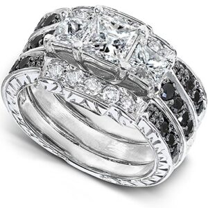 Kobelli Princess Black and White Diamond Bridal Set 1 7/8 Carat (ctw) in 14k White Gold (3-Piece Set), Size 5, White Gold