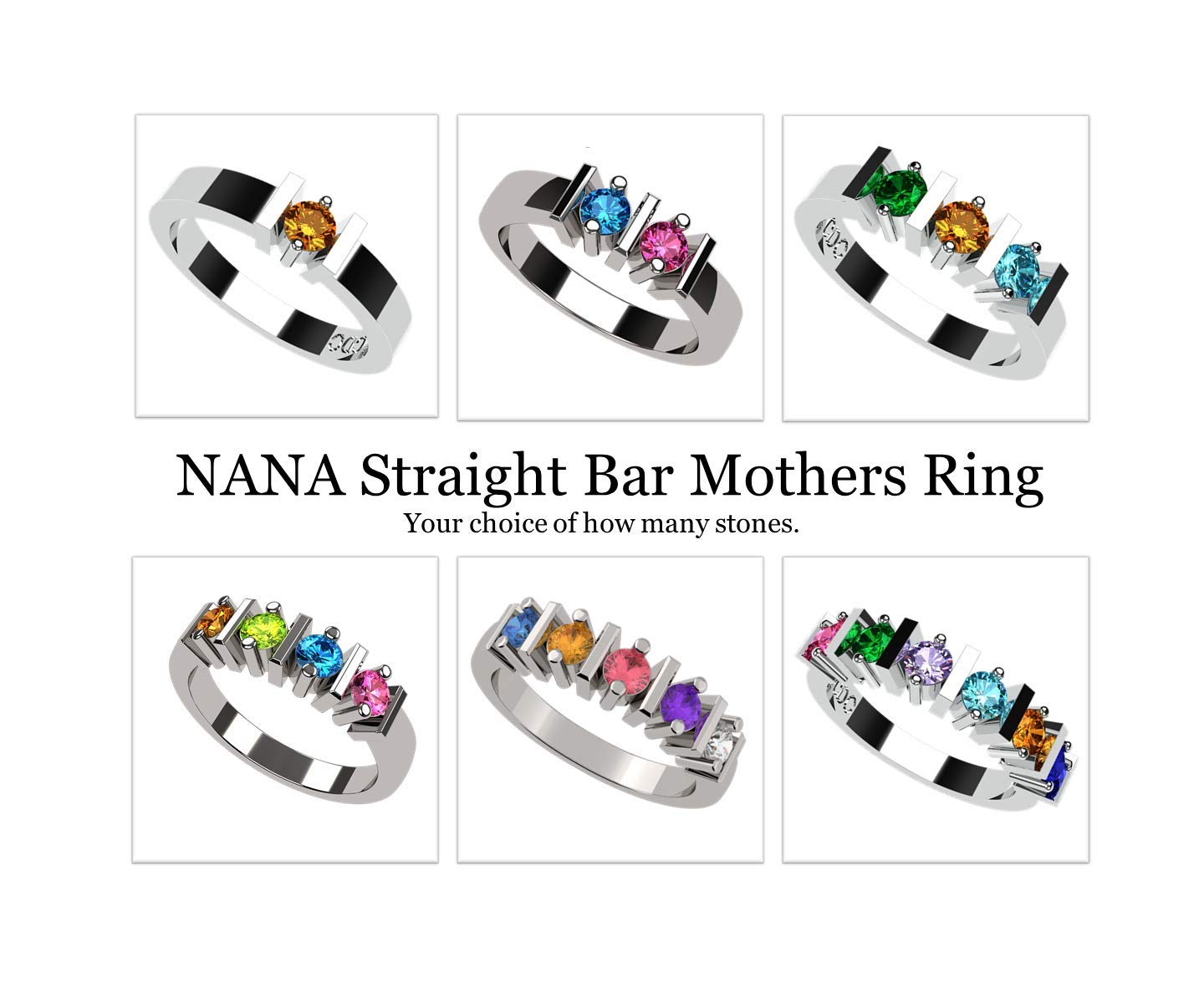 Central Diamond Center Straight Bar Mother's Simulated Birthstone Ring, 1-6 Stones - Sterling Silver - Size 7.5