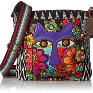 Laurel Burch 138199 Crossbody 13.5"X4"X10", Blossoming Feline,Blk/Wht/Pur