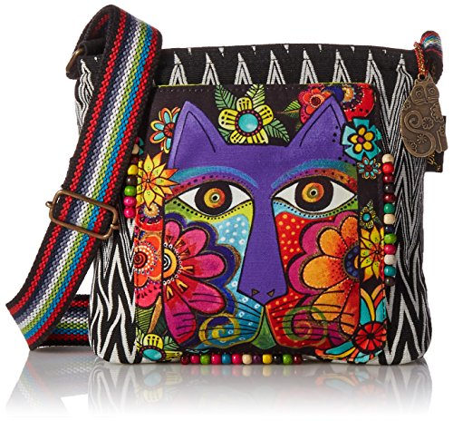 Laurel Burch 138199 Crossbody 13.5"X4"X10", Blossoming Feline,Blk/Wht/Pur