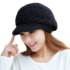 hindawi women winter warm knit hat wool snow caps with visor, black