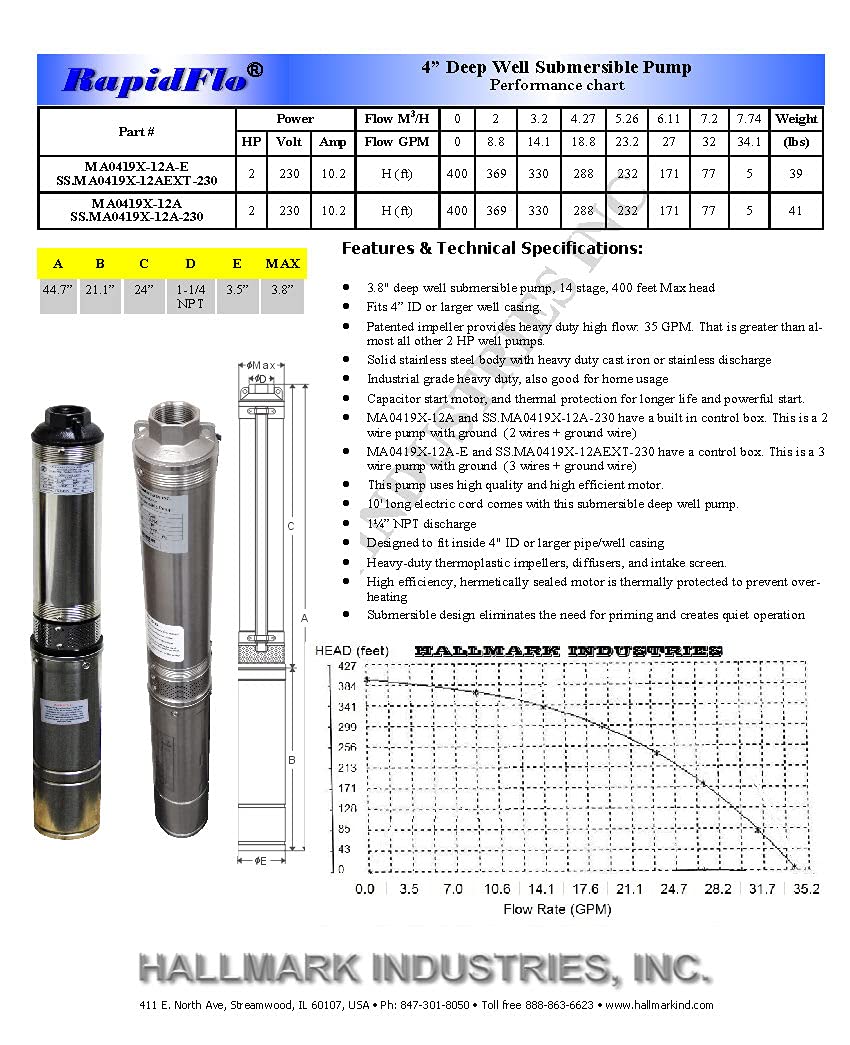 Hallmark Industries MA0419X-12A, Deep Well Submersible Pump, 2HP, 230V 60HZ, 33 Gpm, Stainless Steel, for 4" or bigger well