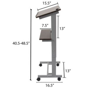 Stand Up Desk Store Mobile Adjustable Height Rolling Lectern Podium with Heavy Duty Steel Frame (Silver Frame/Dark Walnut Shelves, 25.5" Wide)