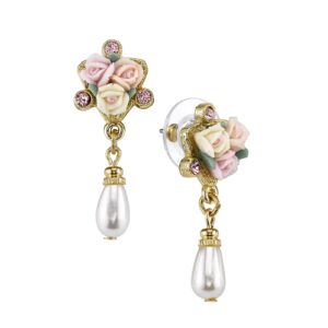 1928 Jewelry Women's Gold Tone Multi-Color Porcelain Rose Pink Crystal Faux Pearl Drop Post Earrings