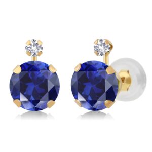 gem stone king 14k yellow gold blue and white created sapphire jewelry earrings for women (2.08 cttw, round 6mm+2mm)