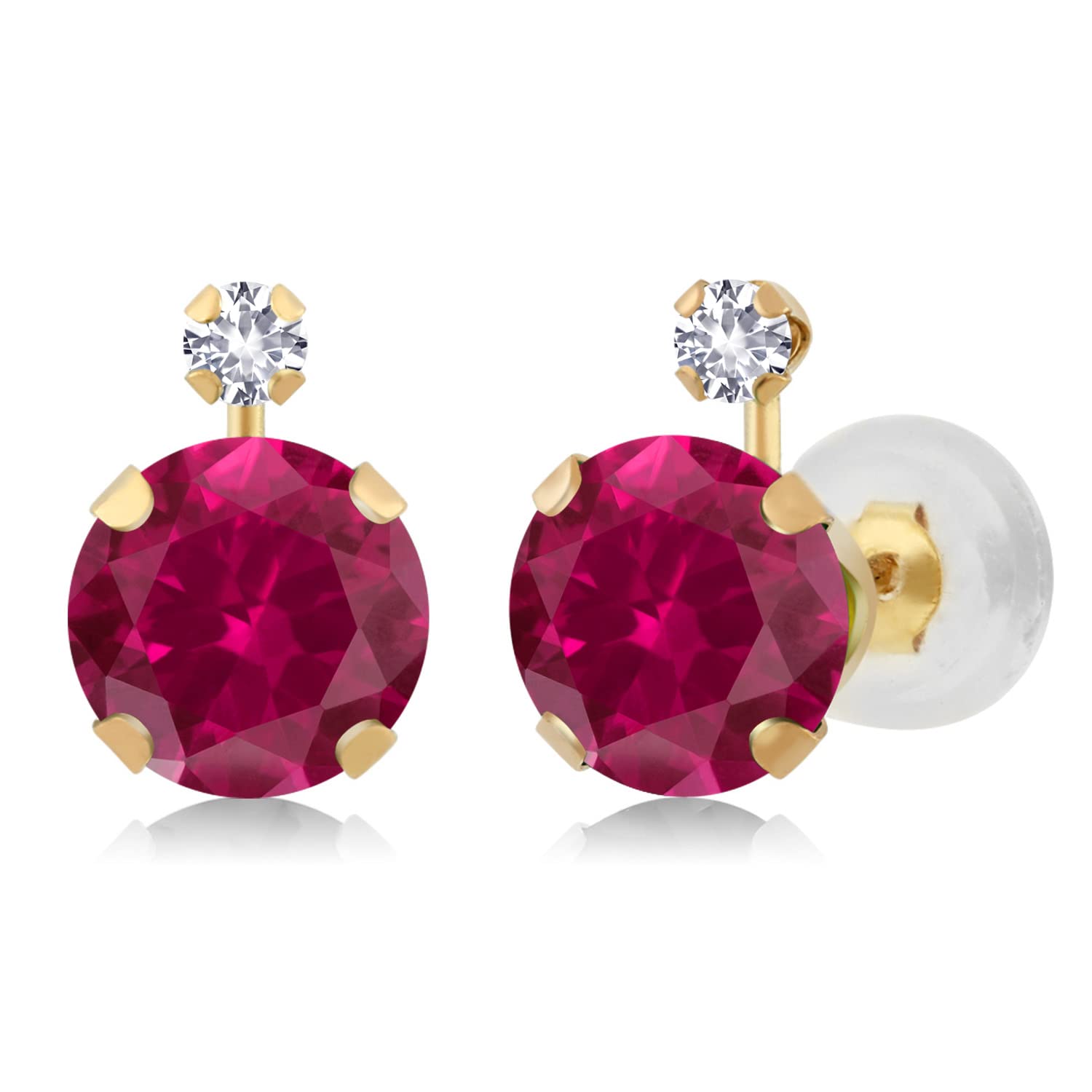 Gem Stone King 14K Yellow Gold Round Red Created Ruby and White Created Sapphire Earrings For Women (2.08 Cttw, Round 6MM)