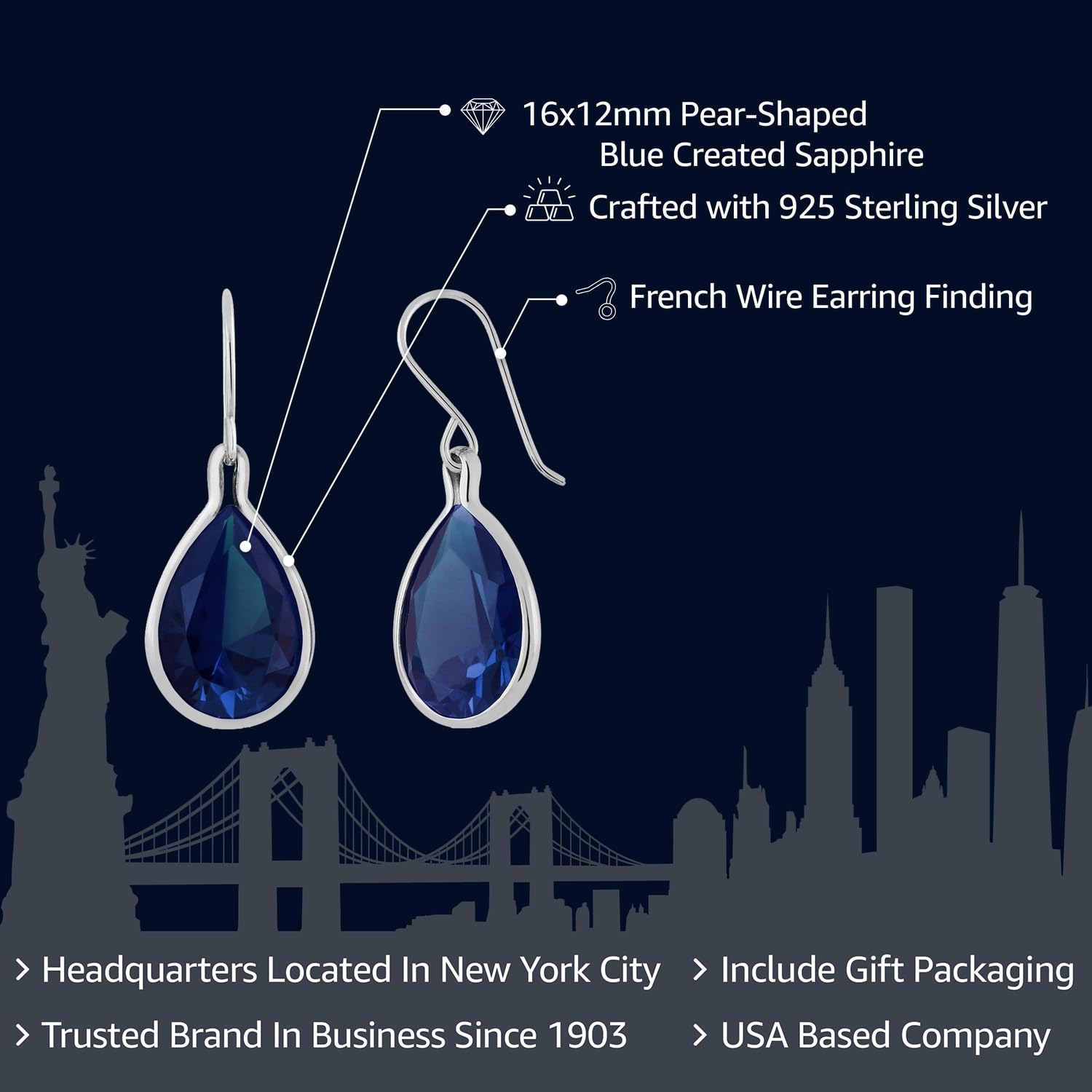 Gem Stone King 925 Sterling Silver Blue Created Sapphire Earrings | 20.40 Cttw Teardrop Dangle Earrings for Women | Pear Shape 16X12MM