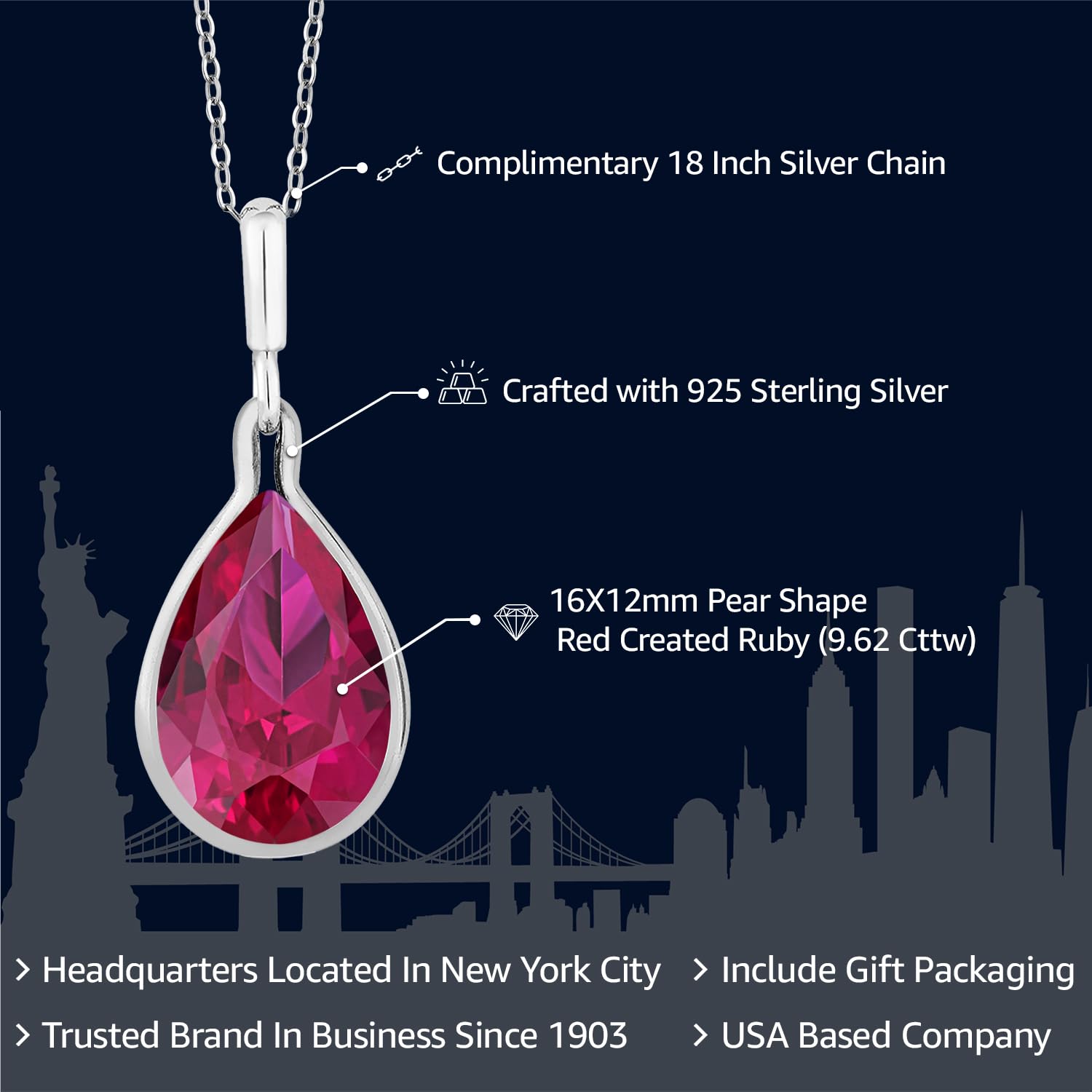 Gem Stone King 9.62 Cttw Red Created Ruby Pendant Necklace For Women In 925 Sterling Silver | Pear Shape 16X12MM | With 18 Inch Silver Chain