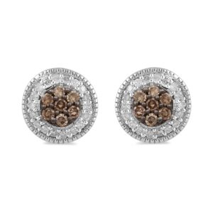 Jewelili Sterling Silver Stud Earrings with Natural White and Champagne Round Diamonds, 1/4 cttw