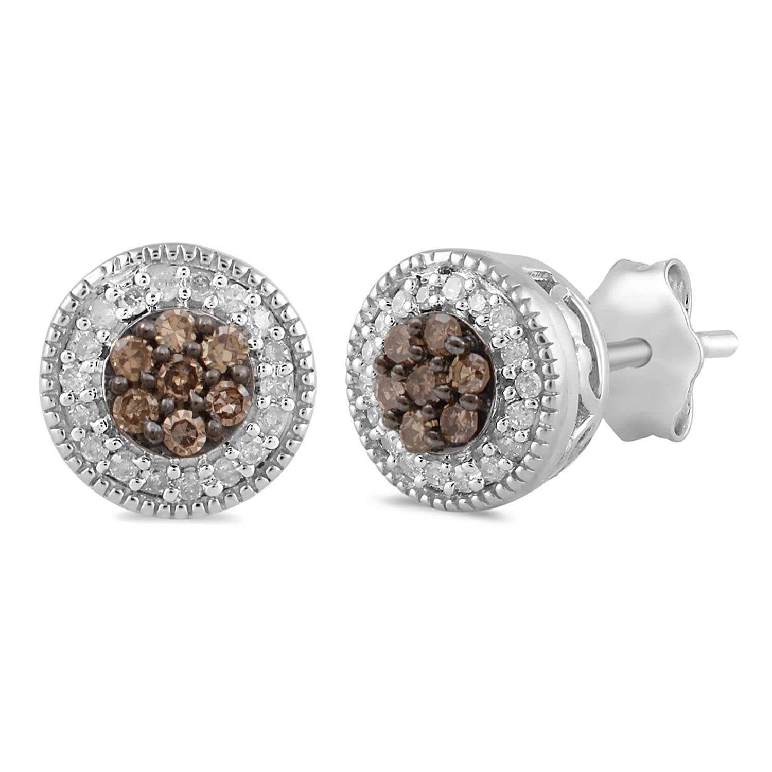 Jewelili Sterling Silver Stud Earrings with Natural White and Champagne Round Diamonds, 1/4 cttw