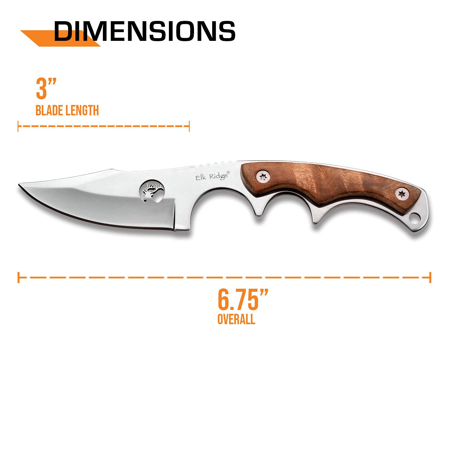 Elk Ridge - Outdoors Fixed Blade Knife - 6.75-in Overall, Mirror Finished Stainless Steel Blade, Burl Wood Handle - Full Tang Construction, 1680D Nylon Sheath - Hunting, Camping, Survival - ER-534