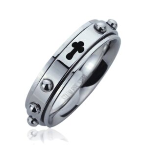 Prime Pristine Free Engraving Personalized Stainless Steel Wedding Band Ring 6MM Cross Rosary Spinner Ring SZ:7