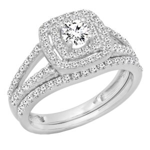 Dazzlingrock Collection 1.00 Carat (Cttw) 10K Round Diamond Split Shank Halo Engagement Ring Set 1 CT, White Gold, Size 7