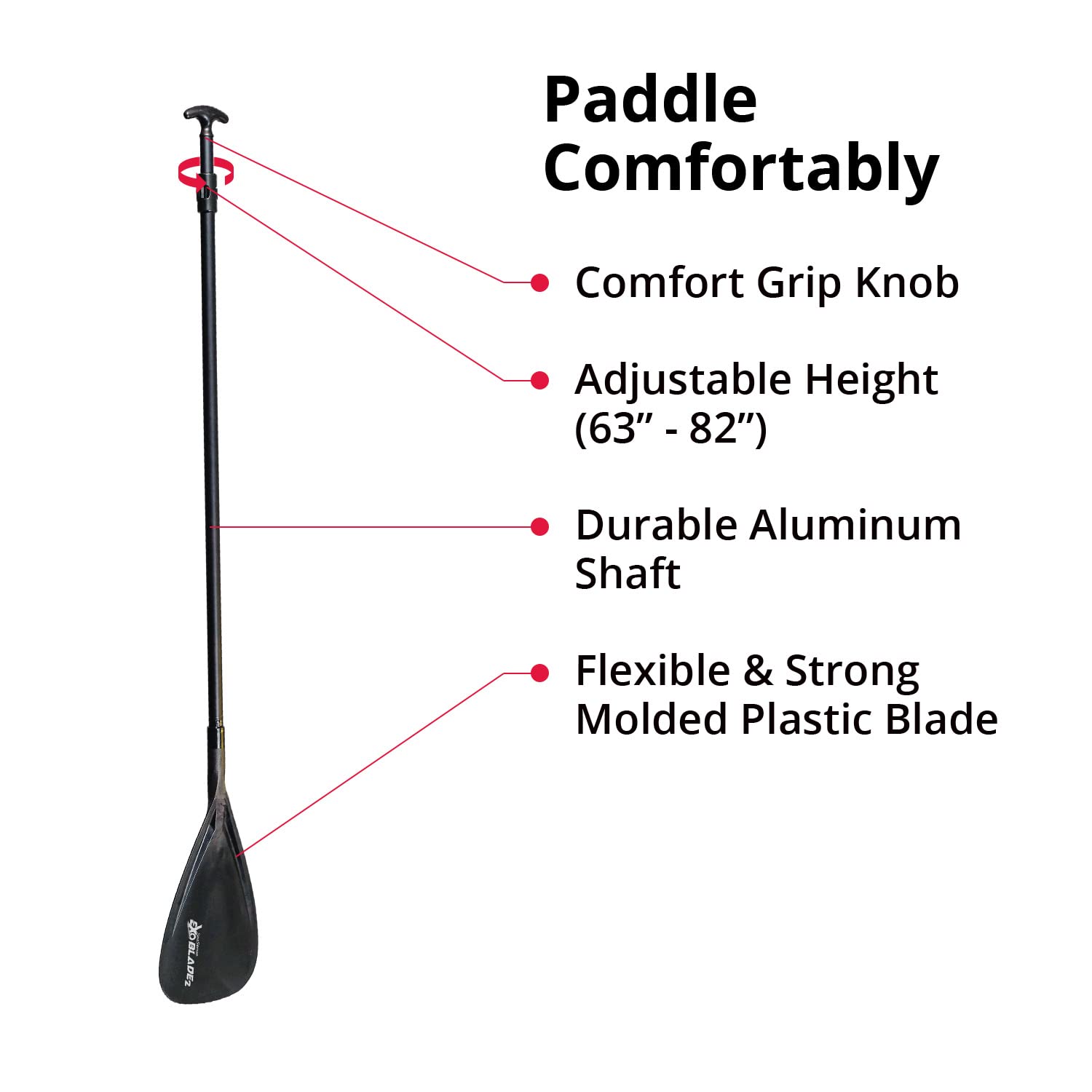 SeaSense Ex-O Blade 2 Adjustable Stand-Up Kayak Paddle, Black, 63” - 82” - Aluminum Shaft, Comfort Grip Knob - For Adults, Great for Recreational Paddling, Touring, Racing & SUP Yoga