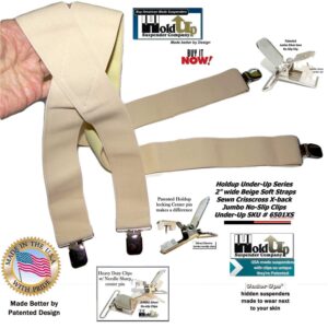 Holdup Traditional Style Tan 2" Under-Ups Suspenders for Men with USA Patented Metal "No-Slip" clips