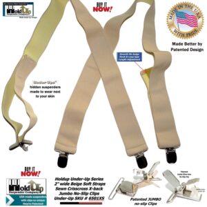 Holdup Traditional Style Tan 2" Under-Ups Suspenders for Men with USA Patented Metal "No-Slip" clips