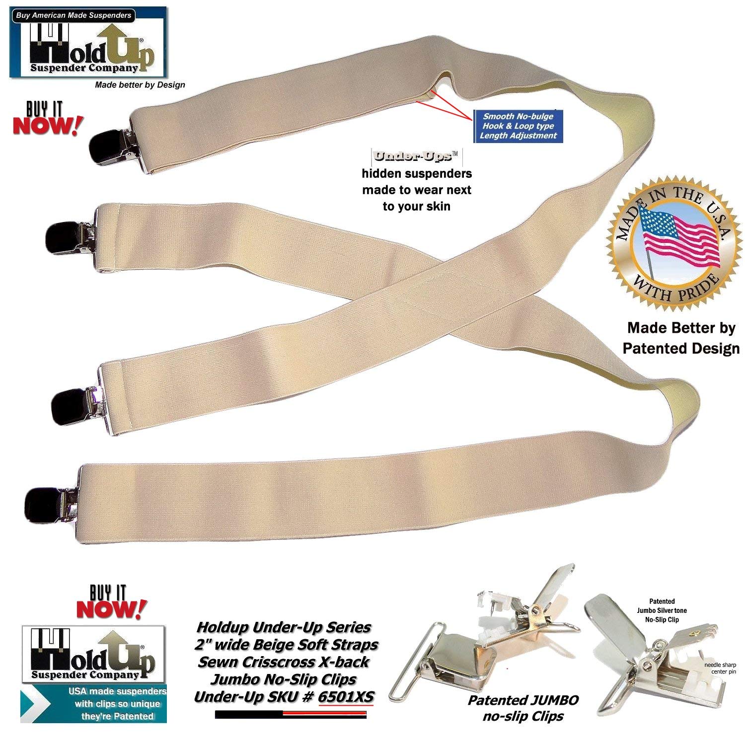 Holdup Traditional Style Tan 2" Under-Ups Suspenders for Men with USA Patented Metal "No-Slip" clips