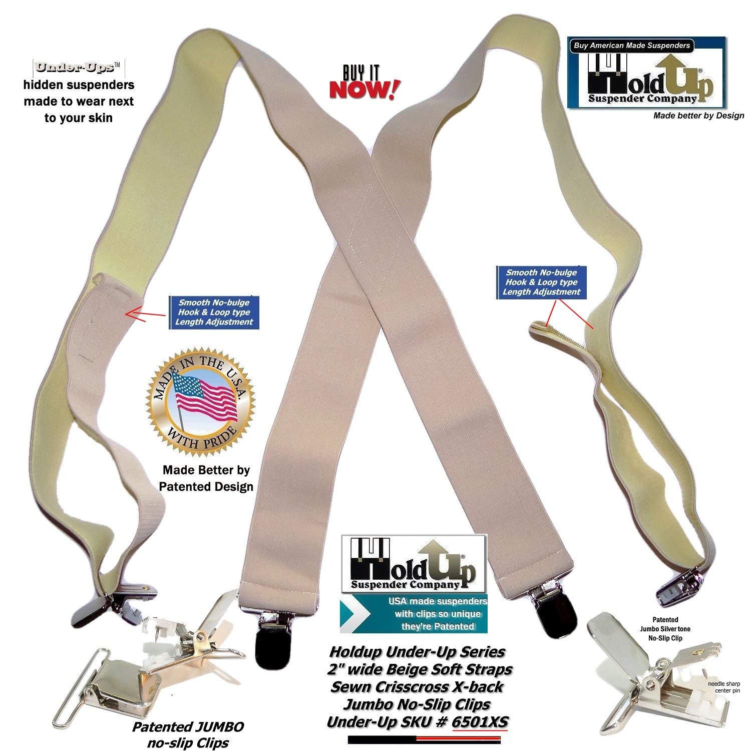 Holdup Traditional Style Tan 2" Under-Ups Suspenders for Men with USA Patented Metal "No-Slip" clips