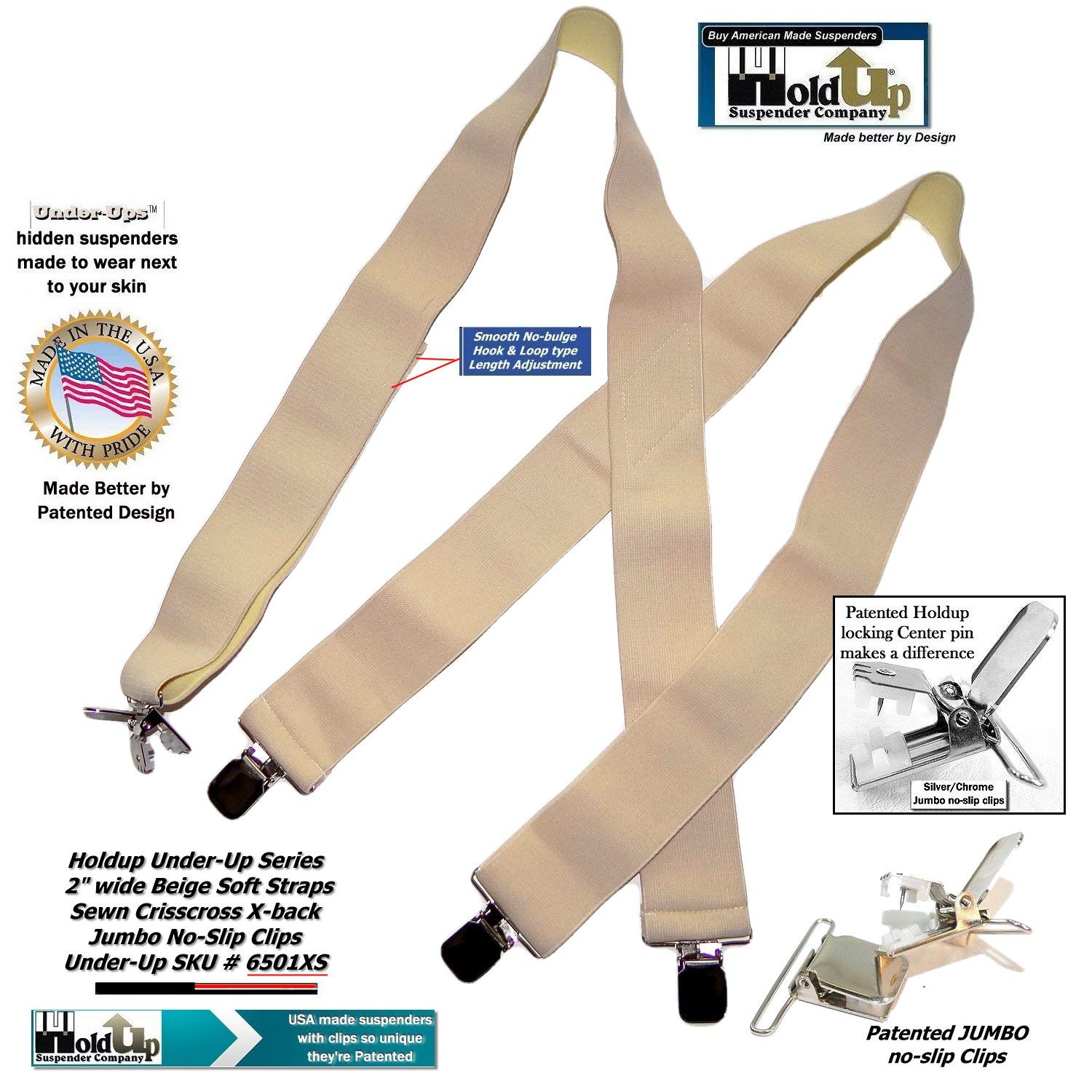 Holdup Traditional Style Tan 2" Under-Ups Suspenders for Men with USA Patented Metal "No-Slip" clips