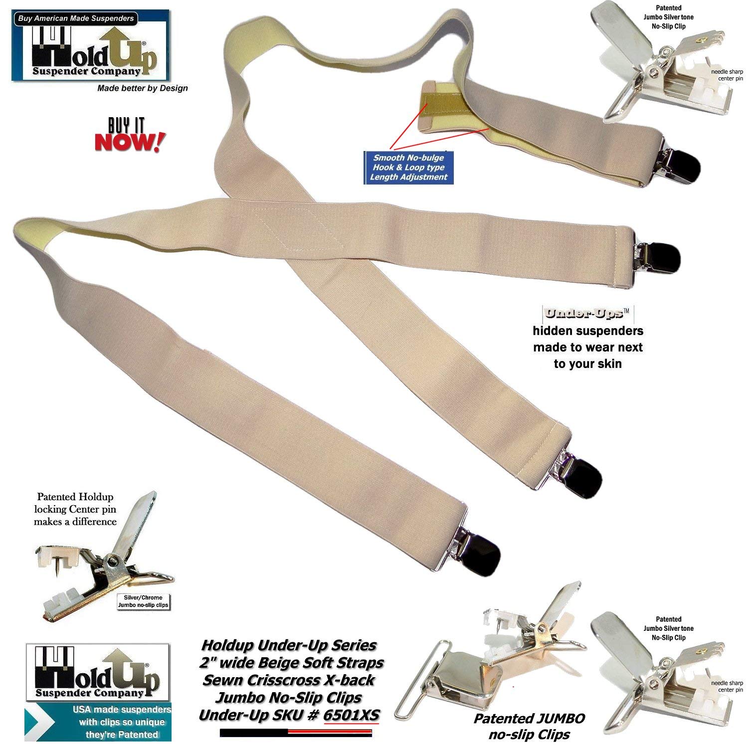 Holdup Traditional Style Tan 2" Under-Ups Suspenders for Men with USA Patented Metal "No-Slip" clips