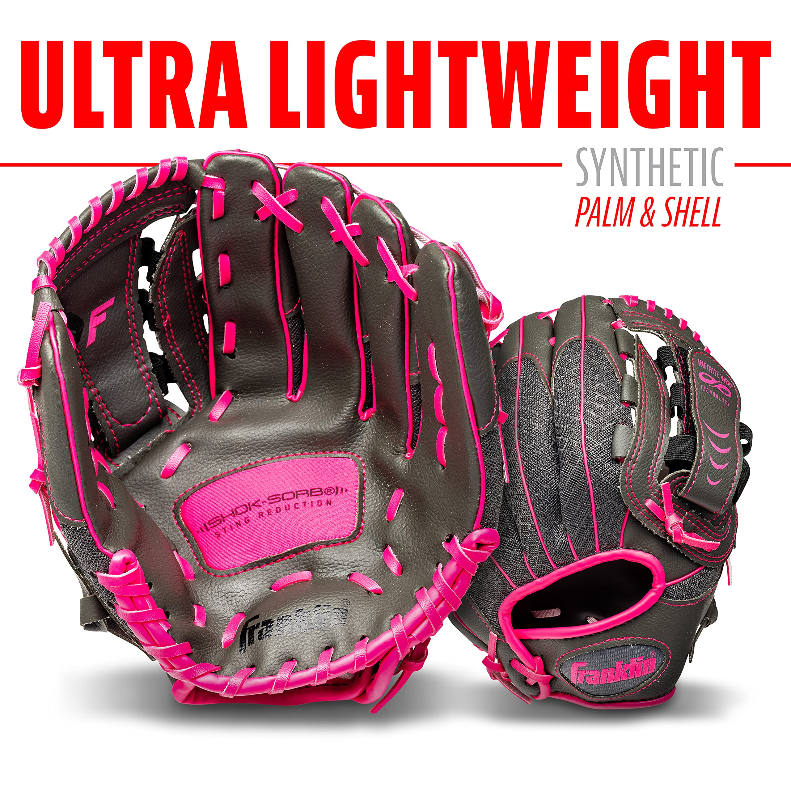 Franklin Sports Kids Baseball Glove - Youth Baseball, Softball + Tball Glove for Boys + Girls - Shok Sorb Glove - Right Hand Throw - Pink - 10.5"