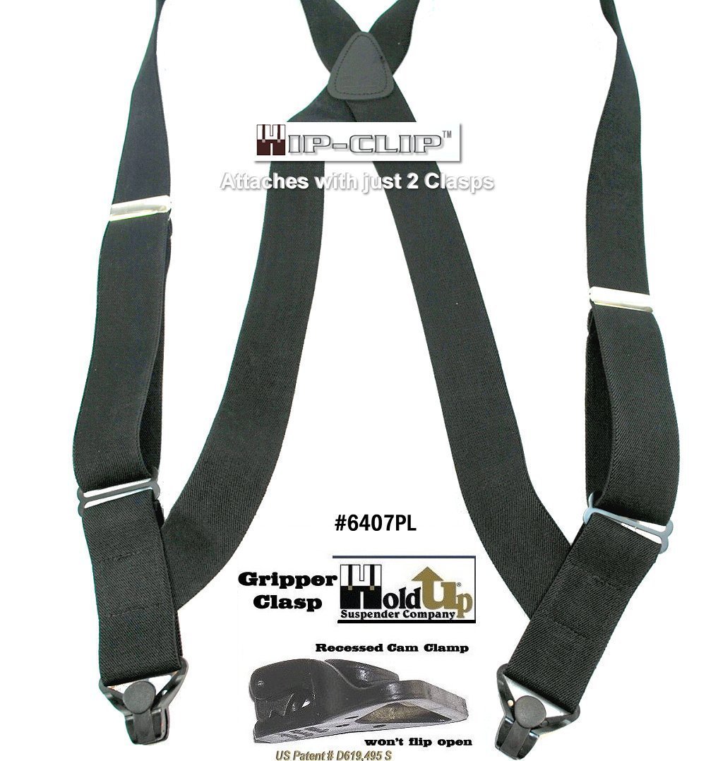 Hold-Up Hip-clip Style Suspenders for Men 1 1/2" Wide (Black/Plastic Clip)