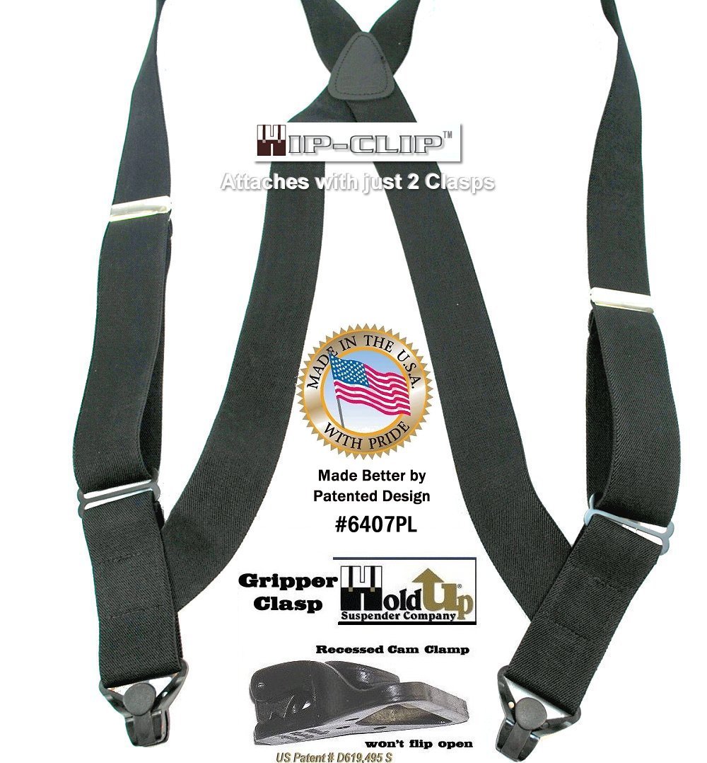 Hold-Up Hip-clip Style Suspenders for Men 1 1/2" Wide (Black/Plastic Clip)