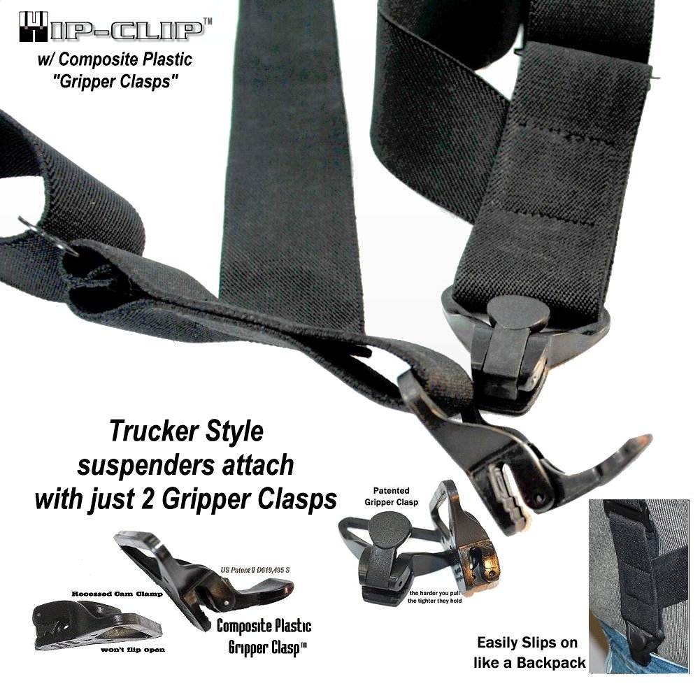 Hold-Up Hip-clip Style Suspenders for Men 1 1/2" Wide (Black/Plastic Clip)