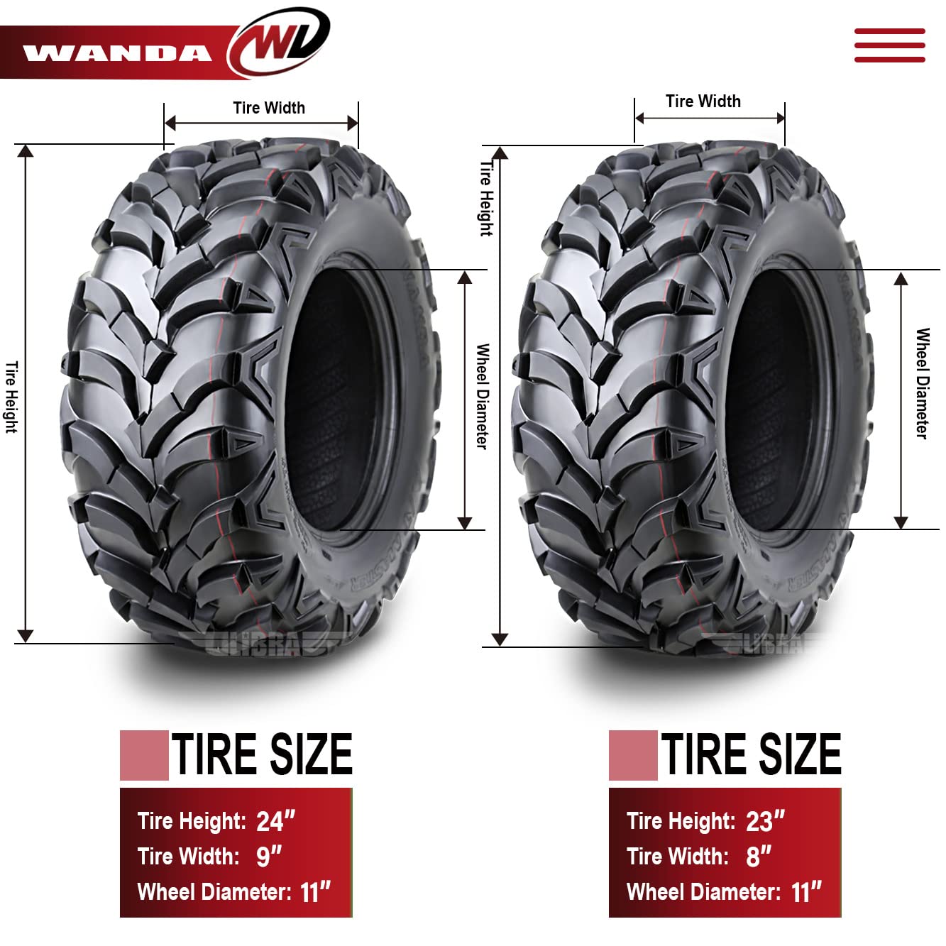 WANDA Set of 4 AT MASTER ATV/UTV Tires 23x8-11 Front & 24x9-11 Rear /6PR P341-10147/10153