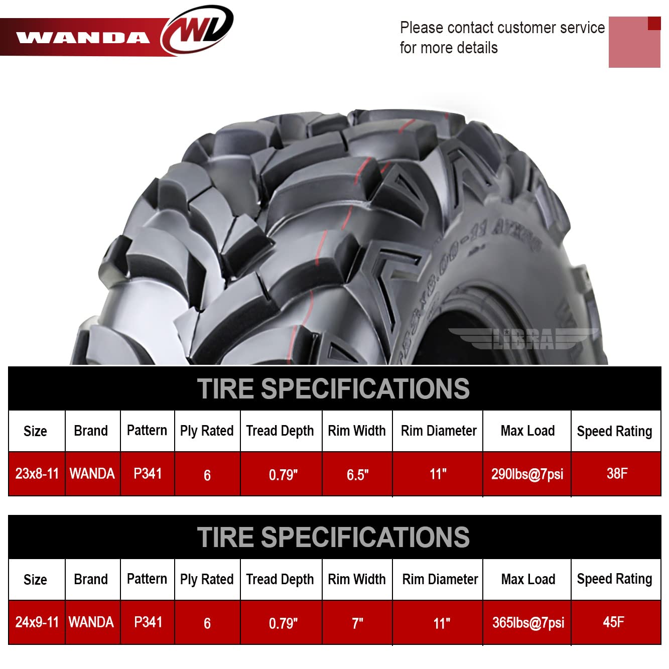 WANDA Set of 4 AT MASTER ATV/UTV Tires 23x8-11 Front & 24x9-11 Rear /6PR P341-10147/10153