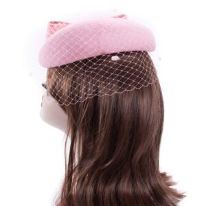 Lady Womens Dress Fascinator Wool Felt Pillbox Hat Party Wedding Bow Veil A082 (Pink)