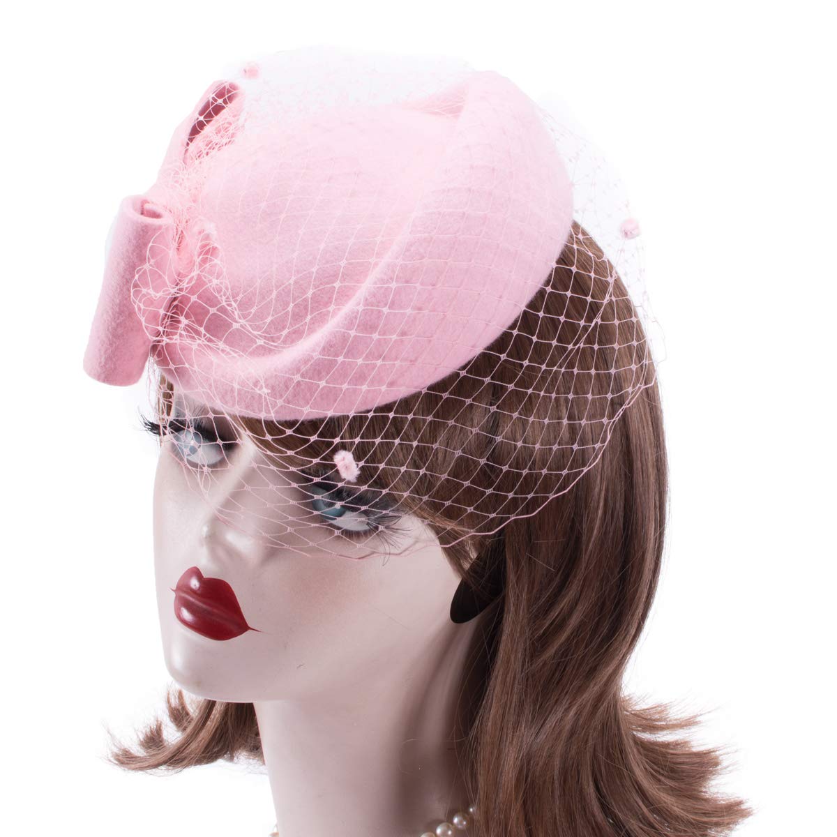 Lady Womens Dress Fascinator Wool Felt Pillbox Hat Party Wedding Bow Veil A082 (Pink)