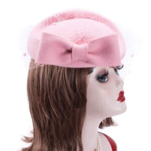 Lady Womens Dress Fascinator Wool Felt Pillbox Hat Party Wedding Bow Veil A082 (Pink)